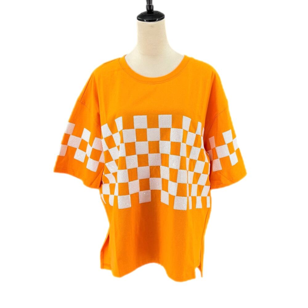 Fantastic Fawn Check Me Out Orange White Sequin Short Sleeve Cotton T-shirt Top